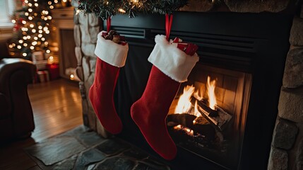 Holiday stockings filled with small gifts, hanging on a cozy fireplace, with warm holiday lights twinkling above.