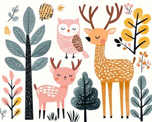 cute nature wildlife landscape conservation concept Cute forest animals with trees and leaves.