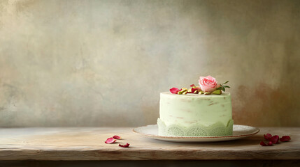 Elegant pastel cake adorned with roses on a rustic table