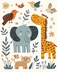 cute nature wildlife landscape conservation concept Colorful illustrations of happy animals.
