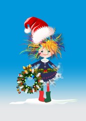 Christmas composition with girl holding wreath