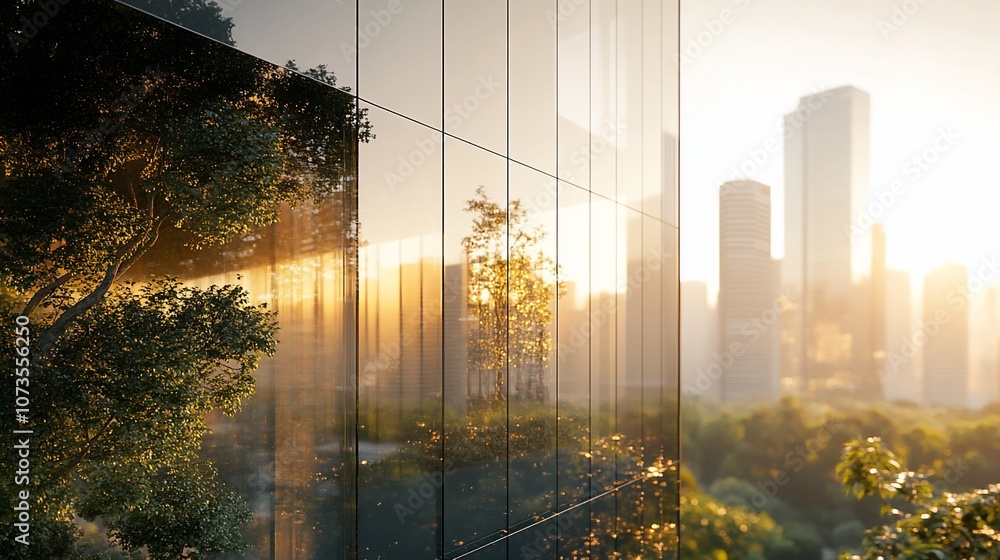 Poster modern glass building with reflections of trees and cityscape at sunset.