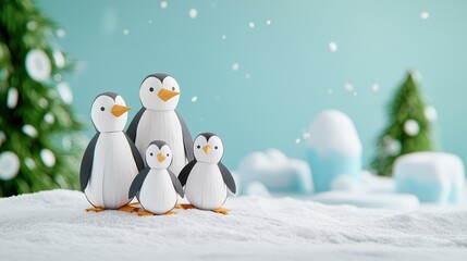Obraz premium Adorable family of penguins in a snowy winter scene.