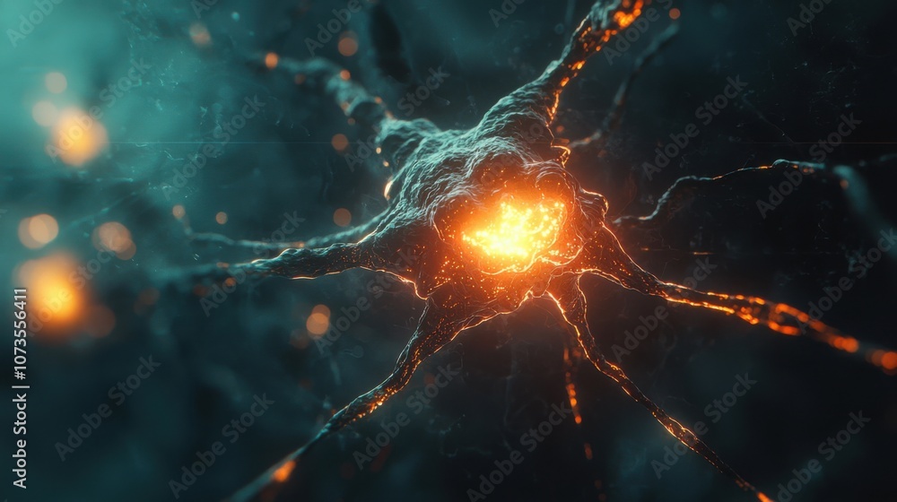 Aufkleber Detailed Visualization of a Neuron with Vibrant Neural Activity Representing Synaptic Connections in a Complex Biological Framework