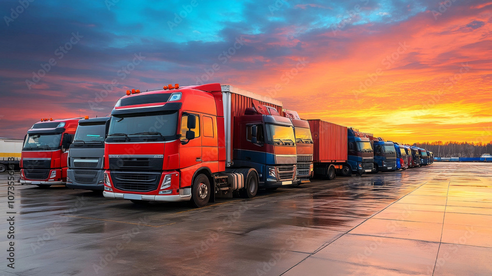 Aufkleber efficient container freight station with lined up semi-trucks for loading and unloading
