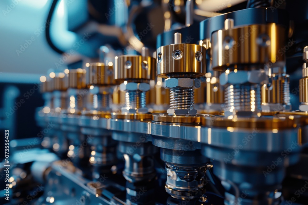 Poster close-up view of diesel engine cylinder head featuring spark plugs and precision engineering compone