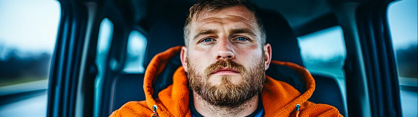 Focused Man in an Orange Hoodie in a Vehicle