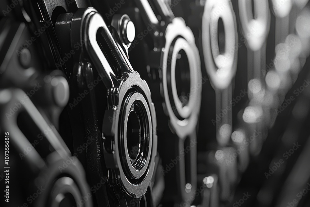 Fototapete close-up view of diesel engine timing chain sprockets for automotive enthusiasts and mechanics, deta