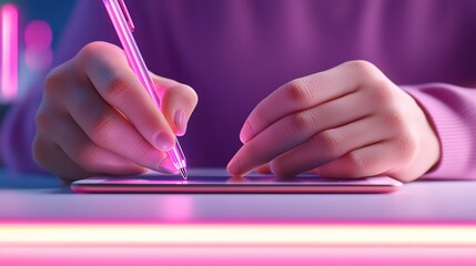 Close-up of hands using a stylus on a tablet with colorful lights.