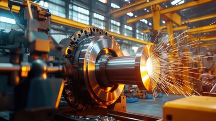 High-Precision Lathe Turning Metal Part with Sparks in Manufacturing Factory Setting, Showcasing Advanced Metalworking Techniques and Equipment in Action