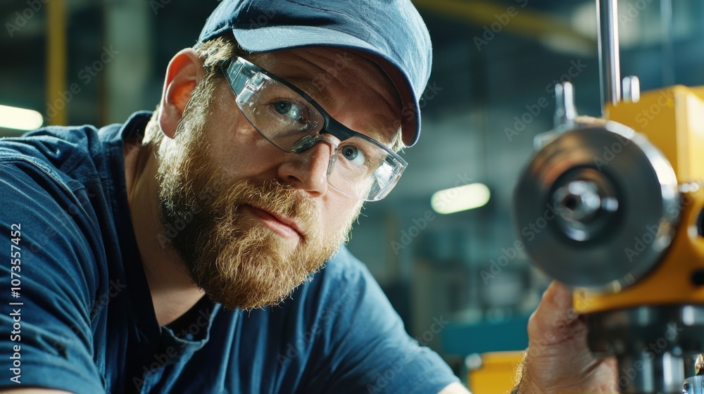 Poster close-up of operator inspecting finished metal part in workshop environment with focus on precision 