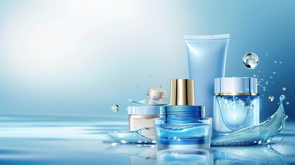Skincare Products on a Blue Background - a refreshing and vibrant visual. The blue background enhances the appeal of the skincare products, creating a soothing and inviting scene.