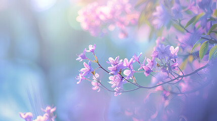 beautiful photograph of purple jacaranda flowers in full bloom, with a blurred background of sky and trees. creating an ethereal effect against the soft pastel blue backdrop. 