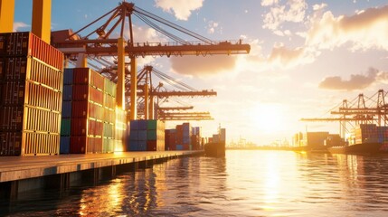 Sunset Over Port with Shipping Containers and Cranes Reflecting in Water, Capturing the Essence of Global Trade and Maritime Industry in Vibrant Colors