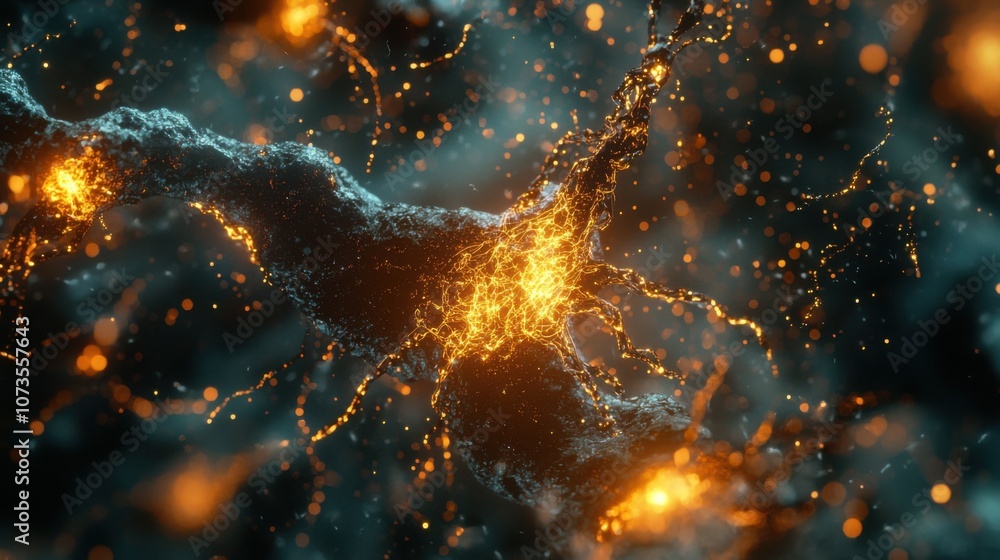 Aufkleber Detailed Visualization of Neural Connections with Illuminated Synaptic Activity Representing Brain Communication Dynamics