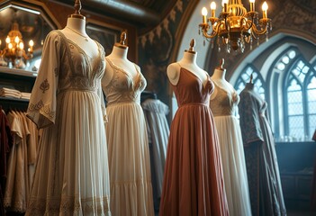 Naklejka premium Elegant Dresses on Mannequins in Vintage Shop Interior
