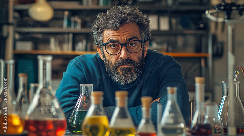 Poster experienced scientist with glasses working in a dimly lit lab, surrounded by colorful chemical flask
