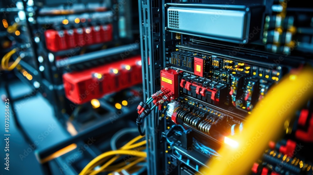 Poster close-up view of high-tech server rack with intricate wiring and led lights illustrating the complex