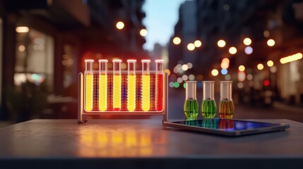 Colorful test tubes in an urban setting showcasing scientific research.