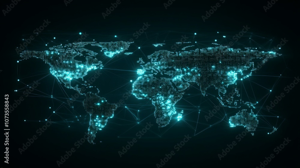 Poster a glowing blue digital map of the world with a network of connected dots.