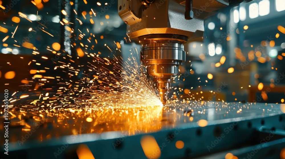 Poster high precision metal cutting on a lathe with alloy: captivating sparks from a professional workshop 