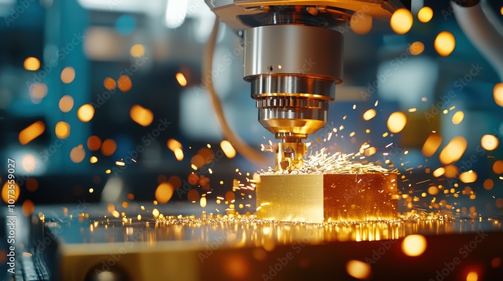 Poster precision machining process with metal block on lathe in workshop, creating sparks and shavings, ind