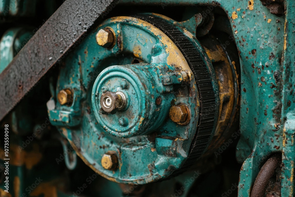 Poster detailed close-up of a diesel engine power steering pump with belt driven mechanism and weathered su