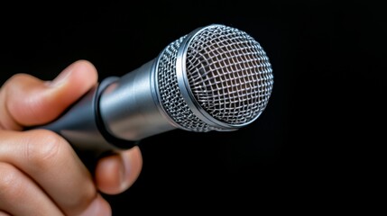 Hand holding a silver microphone with detailed mesh grill against a dark background, ready for a speech or performance