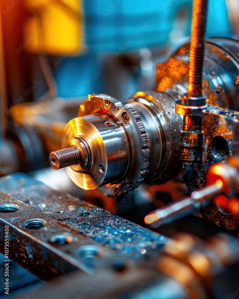Poster close-up view of industrial machine component with shiny metal surface and details in a workshop set