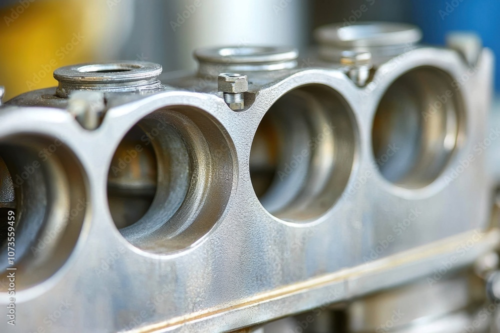 Poster close-up of a diesel engine intake manifold highlighting air flow pathways and precision engineering