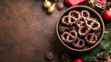 Fototapeta premium Festive chocolate-covered pretzels in a holiday bowl