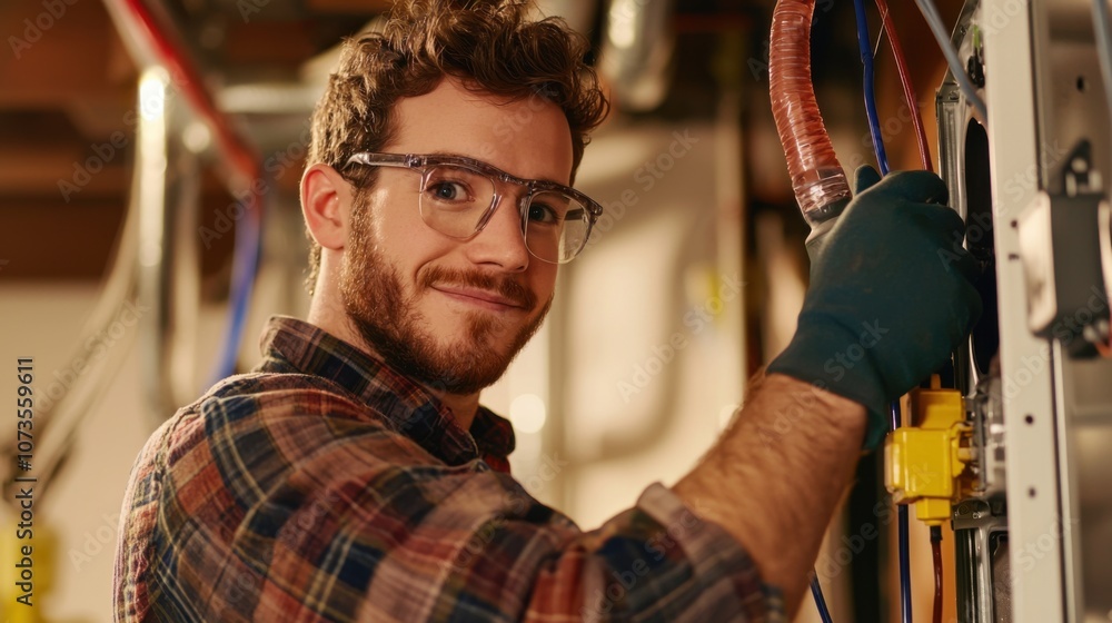Aufkleber technician installing an energy efficient heating system to improve home comfort and reduce utility 