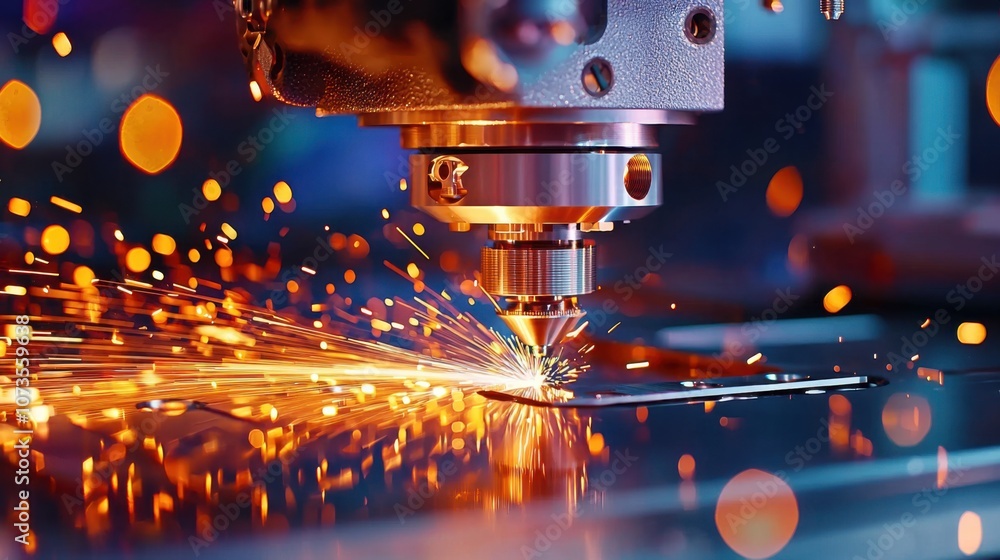 Poster close-up of laser cutting machine with sparks and glowing elements creating metal shapes in a modern