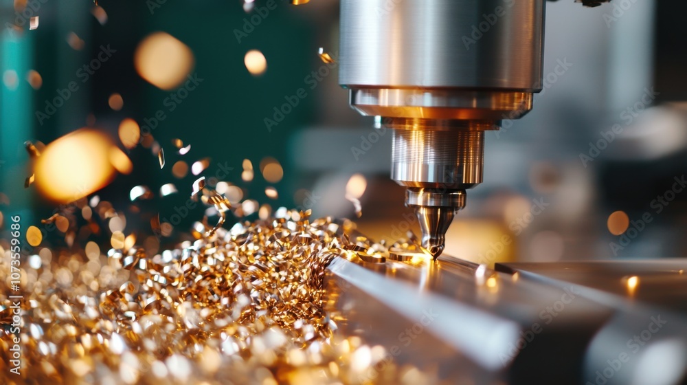 Poster high-precision cnc machining process capturing sparkling metal shavings in motion, showcasing advanc