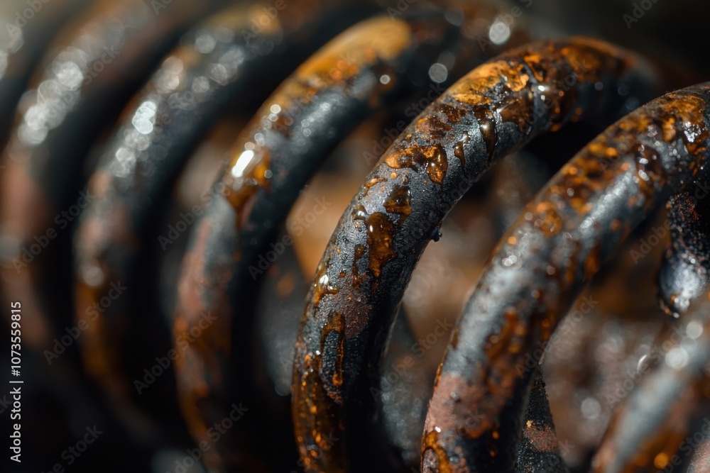 Poster close-up of a diesel engine valve spring assembly highlighting the intricate details and textures of