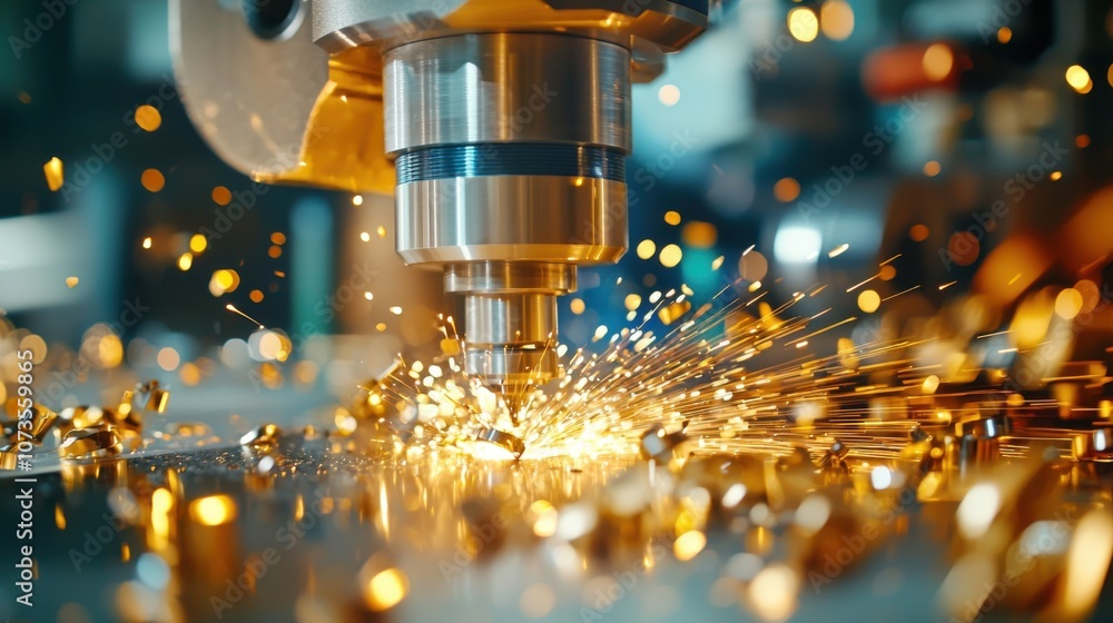 Poster close-up of metal cutting process with sparkling metal shavings flying in workshop environment, show
