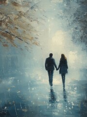 Obraz premium An oil painting of a couple holding hands as they walk down a misty, reflective path surrounded by soft, cool tones of blue and hints of autumn leaves, creating a serene and romantic atmosphere
