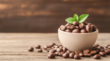 Fresh coffee beans in a bowl with green leaves