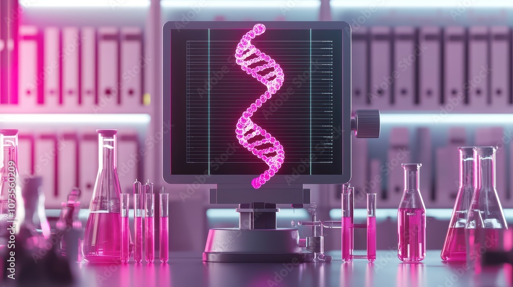 Poster futuristic lab setup with dna visualization and lab equipment.
