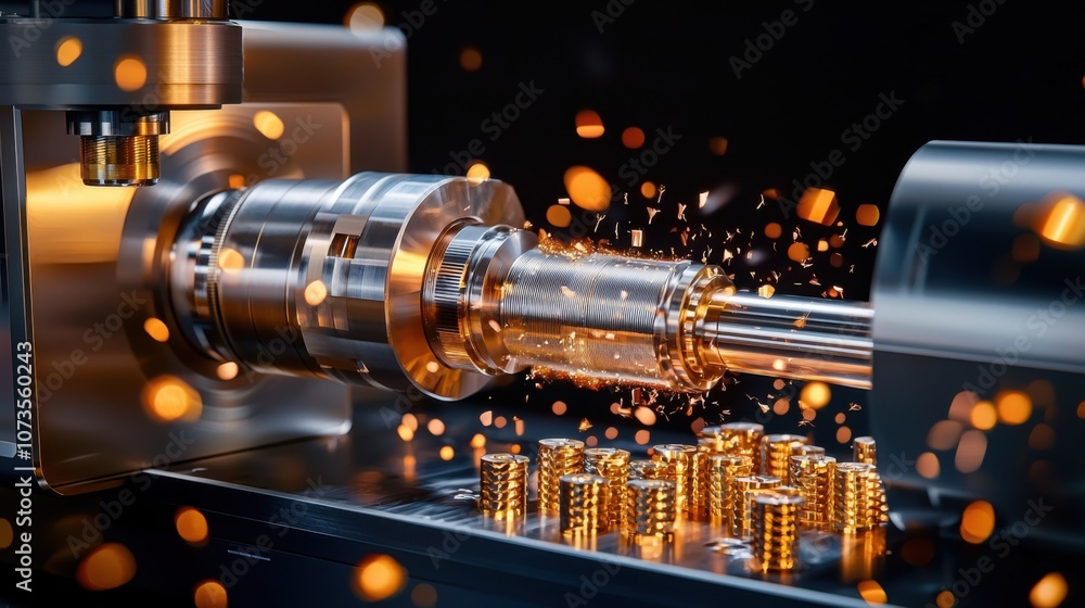 Poster high-precision cnc machining process with sparks flying in a workshop environment, highlighting meta