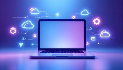 Laptop with Glowing Weather Icons: Modern Meteorology and Forecasting.