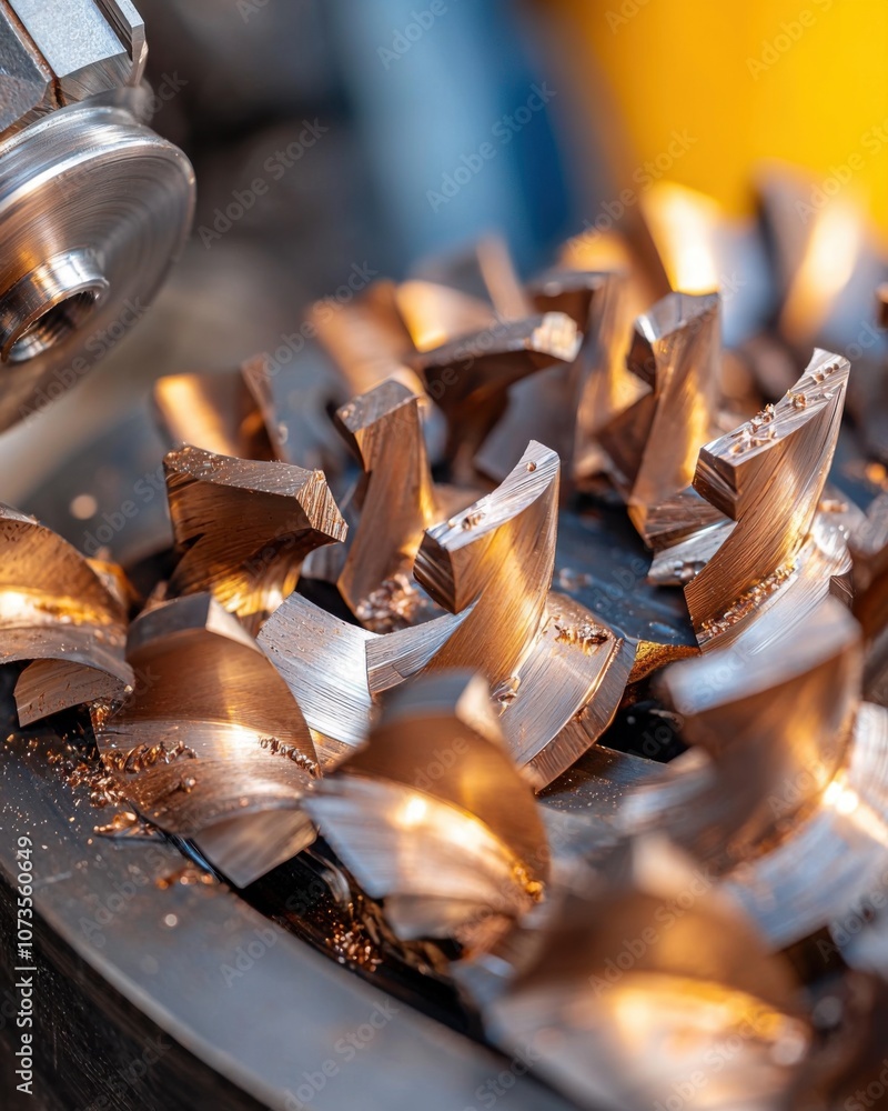 Poster close-up of precision machining process on metal component with intricate patterns captured in brigh