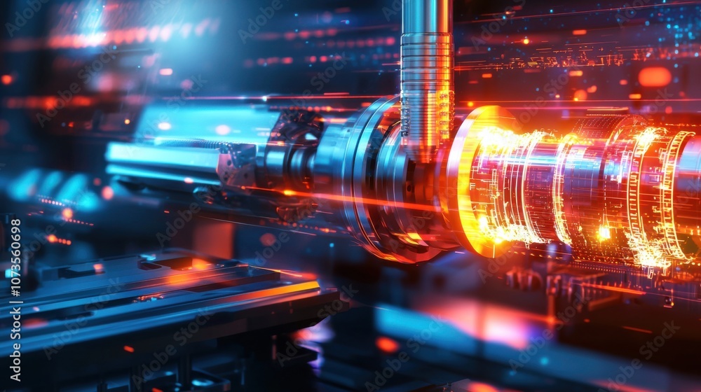 Aufkleber high-tech metalworking process on lathe machine in modern factory environment with abstract light ef