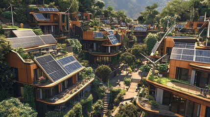 Obraz premium A futuristic eco-friendly community nestled on a hillside with solar panels, wind turbines, and green roofs.