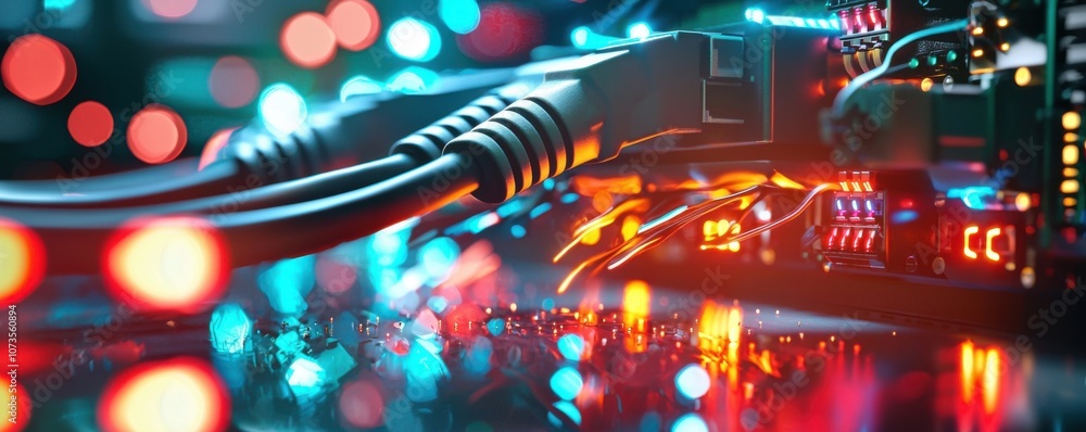 Poster close-up of colorful network cables and led lights on a server with a dark background, providing a d