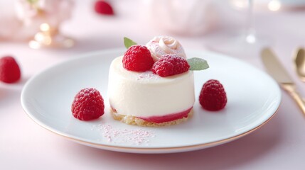 Elegant raspberry mousse dessert on a fine dining plate