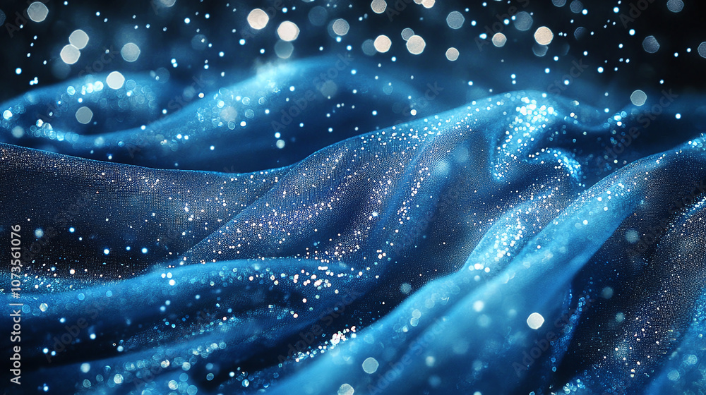 Poster glistening blue fabric with a sparkling texture under soft lighting, creating a luxurious and elegan