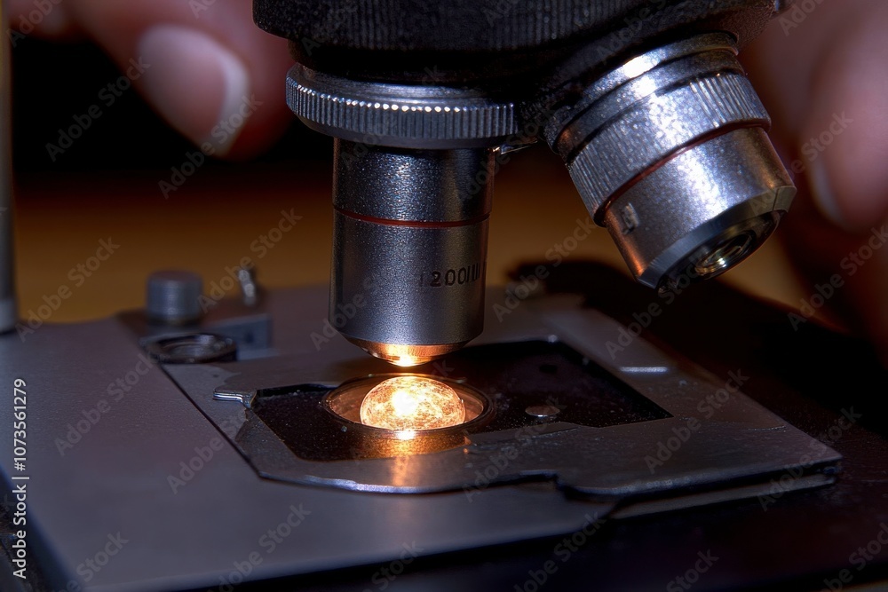 Poster researchers analyzing samples under microscope in lab