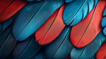 A Close-Up Exploration of Vibrant Blue and Red Feathers Showcasing Intricate Textures and Patterns. Natural Macro Shot Texture Environment Concept