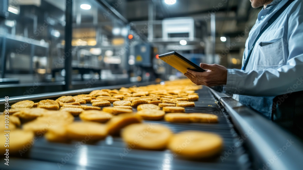 Poster scm manager overseeing automated conveyor belt with digital tablet